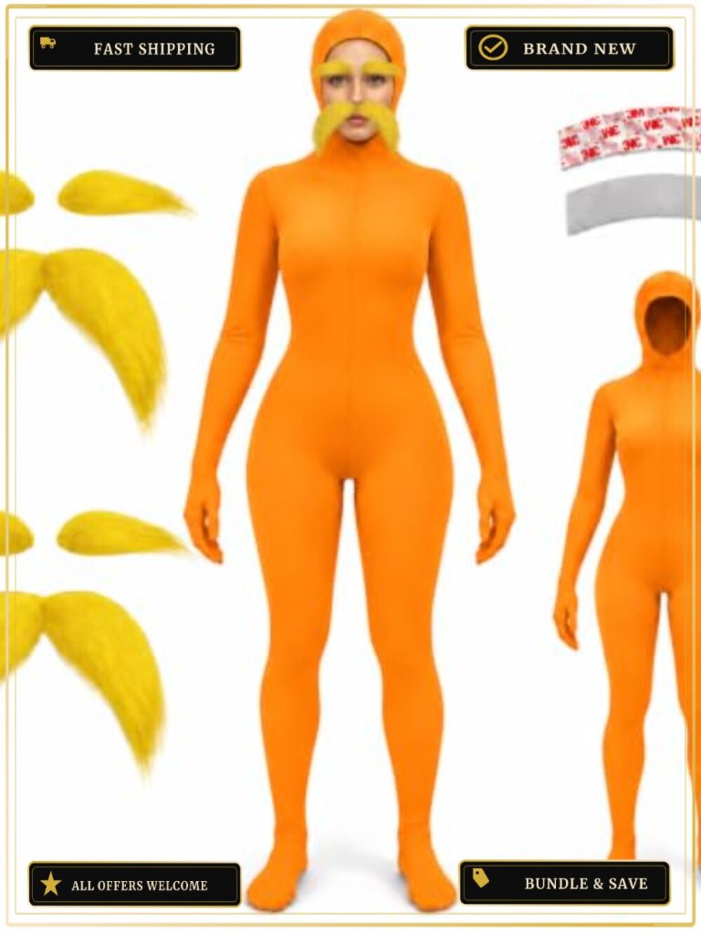 Adult Full Body Bodysuit Costume with Mustache Stretchy Halloween Party Outfit